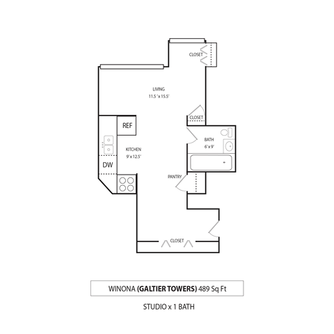 Winona Floor Plan Galtier Towers Apartments in Lowertown, St. Paul, MN Studio Apartment